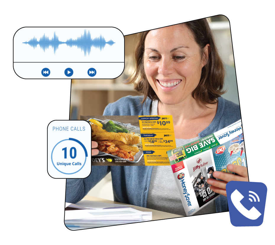 Homeowner reading phone number on direct mail coupon