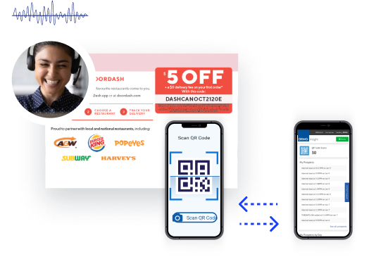Smart phone scanning QR code on Door Dash direct mail piece