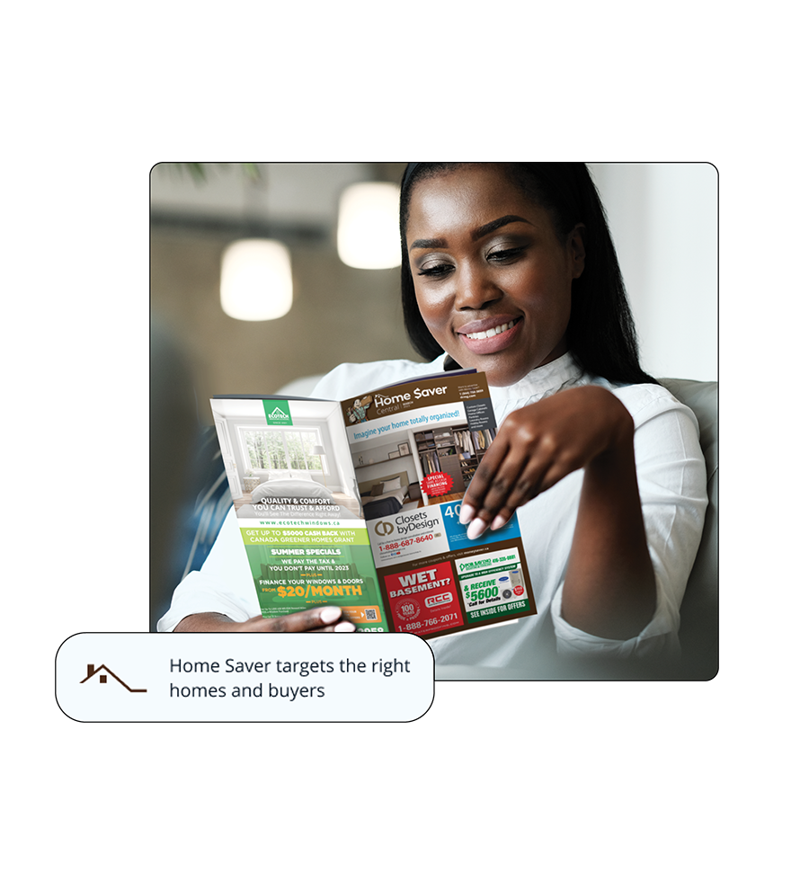 Female reading Home Saver Magazine  in living room.