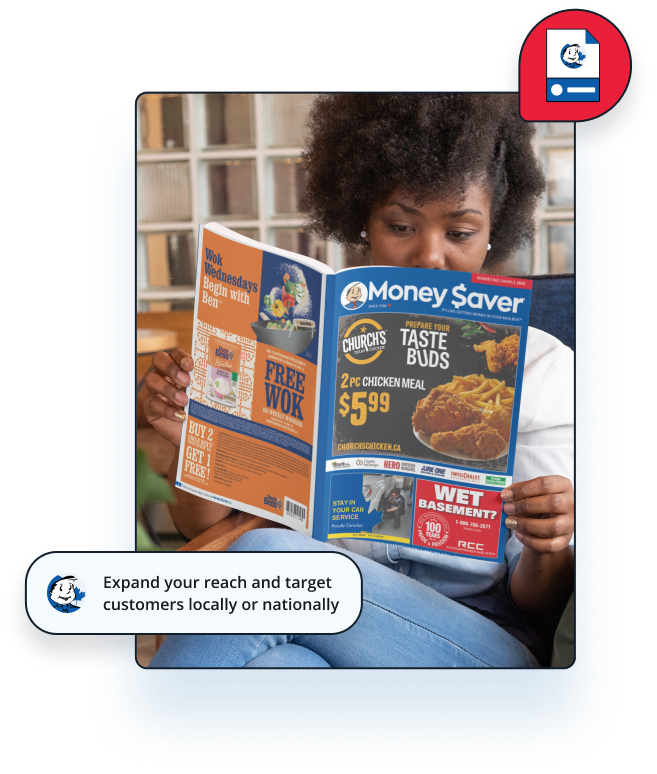 Girl reading Money Saver Magazine crossed legged with jeans